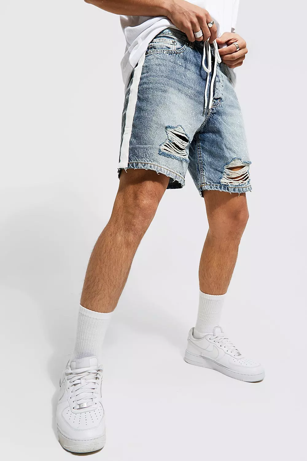 Relaxed Fit Side Stripe Ripped Denim Short boohooMAN USA